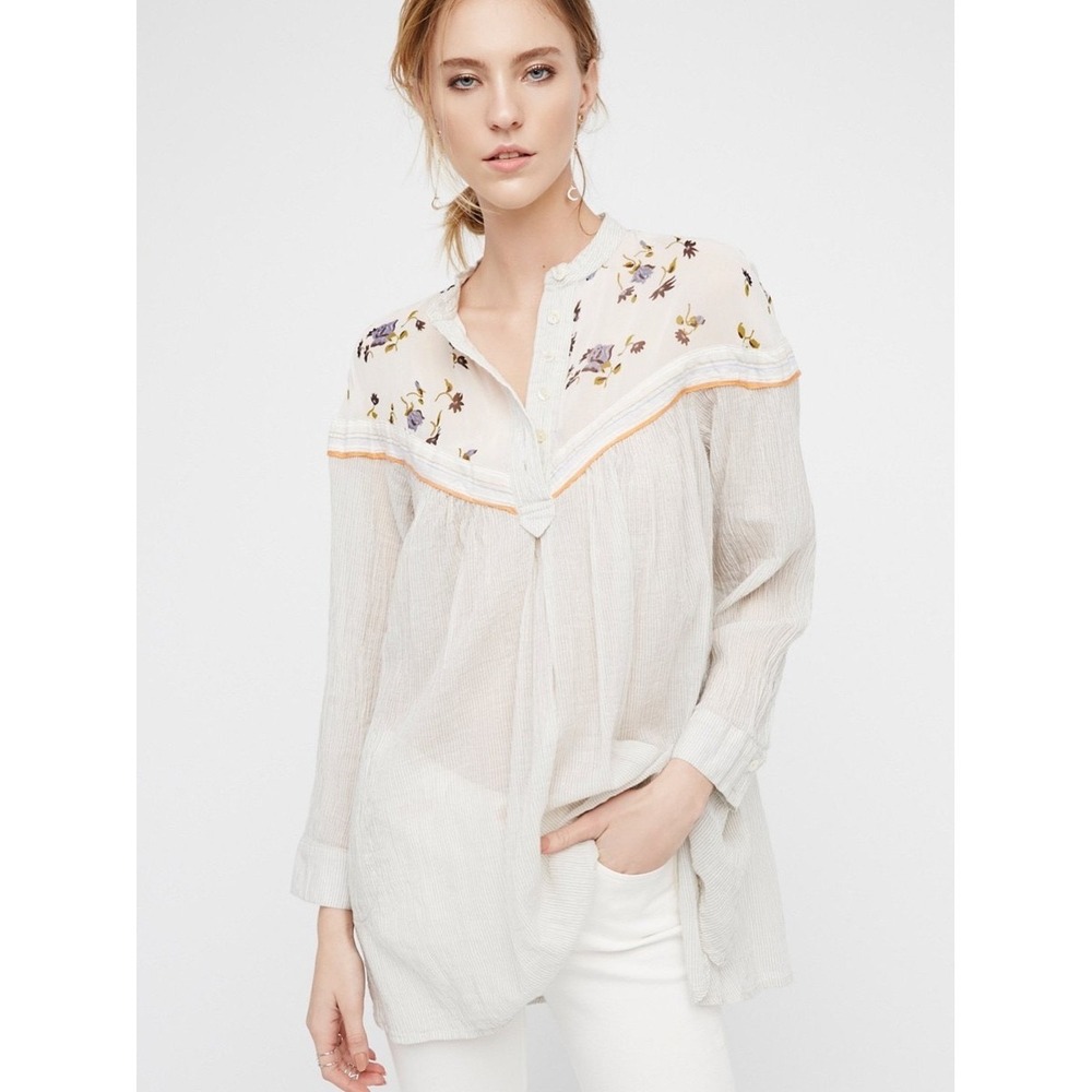 Free‎ People Striped Floral Embroidered Gauze Tunic Top White XS